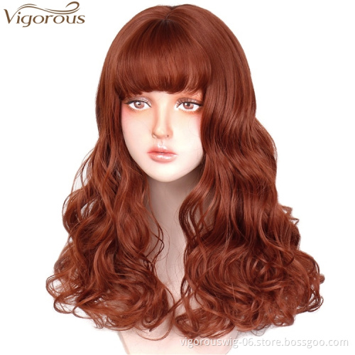Vigorous Women Girls Ladies Long Curly Charming Synthetic Wigs with Neat Bangs Big Wave Heat Resistant Wig Hairnet Included
